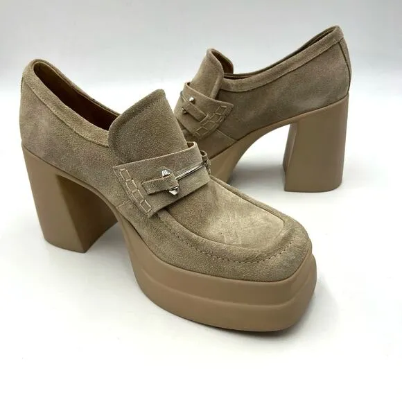 Free People Double Stacked Platform Loafers Tan Suede Horsebit Trim EU 40/US 10