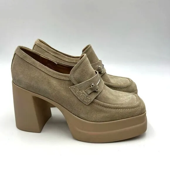 Free People Double Stacked Platform Loafers Tan Suede Horsebit Trim EU 40/US 10