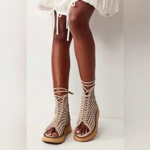 Free People Luca Lace Up Sandal in Creme Suede 7.5 NWOB