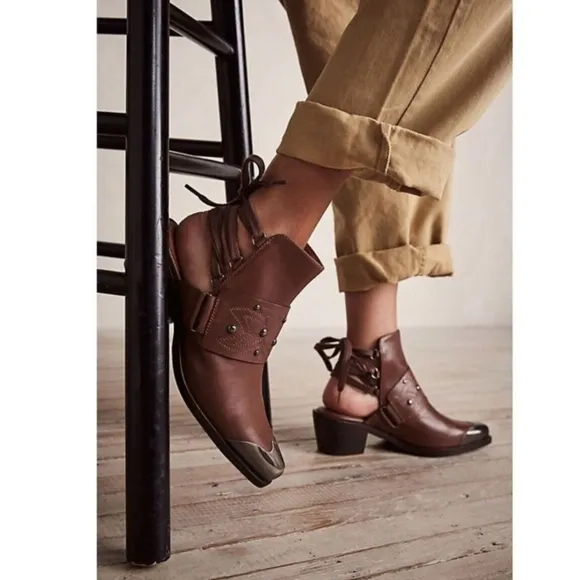 Free People Rory Studded Lace Brown Leather Booties Size /38