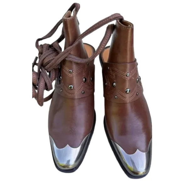 Free People Rory Studded Lace Brown Leather Booties Size /38