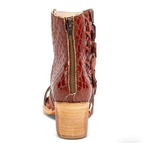 FREEBIRD COUNTRY Rust Snake size 8 leather boots Strappy sandals shoes 8.5 9