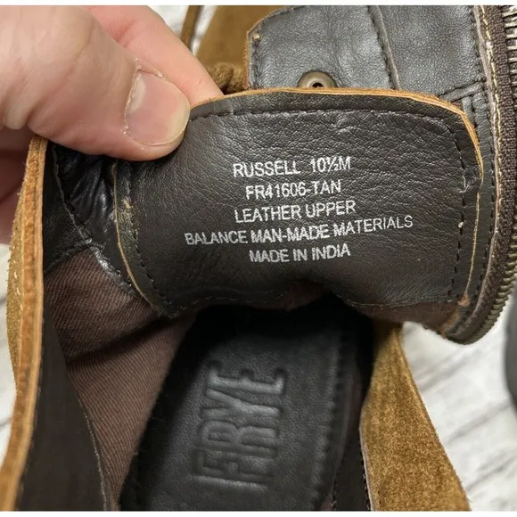Frye Boots Russell Leather Suede Cap Men's Size 10.5 Tan Lace Side Zip FR41606