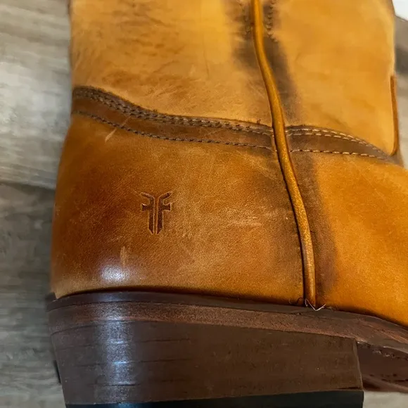 FRYE Cognac Leather Western Boots with Distressed Finish brand new.