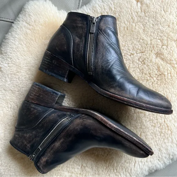 FRYE Ray Belted-STO Leather Boots Sz 8 Black Distressed Zipper Buckles Western