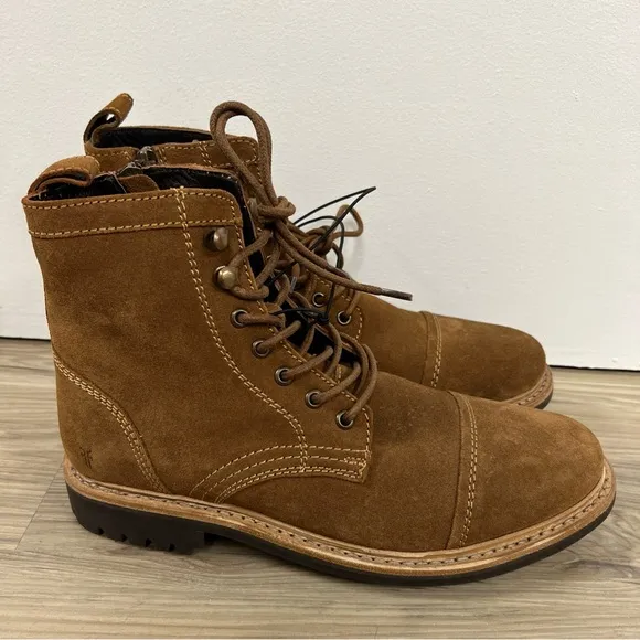 Frye Russell Tan Leather Suede Cap Boots FR41606 Lace Zip Up Mens Sizes NWOB