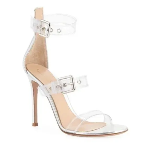 Gianvito Rossi Gabby Plexi Sandals Clear PVC &amp; Silver Leather Size 37.5