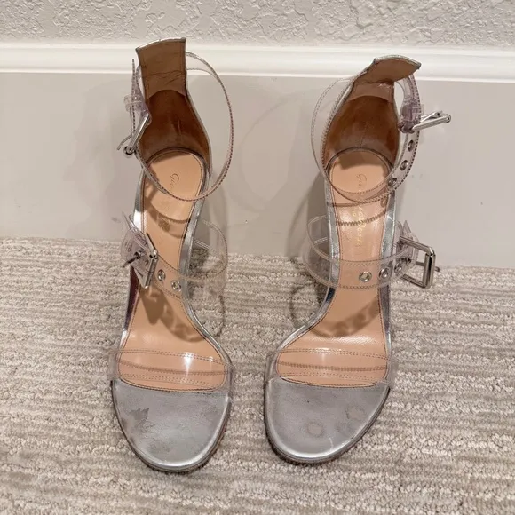 Gianvito Rossi Gabby Plexi Sandals Clear PVC &amp; Silver Leather Size 37.5