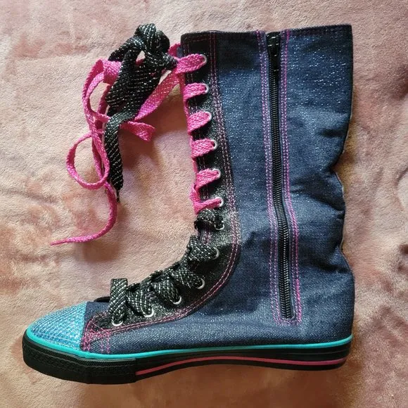 Girls Size 5 Bongo Blue Glitter Denim Peace &amp; Love Knee High Tops Sneakers NWT