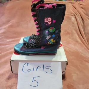 Girls Size 5 Bongo Blue Glitter Denim Peace &amp; Love Knee High Tops Sneakers NWT
