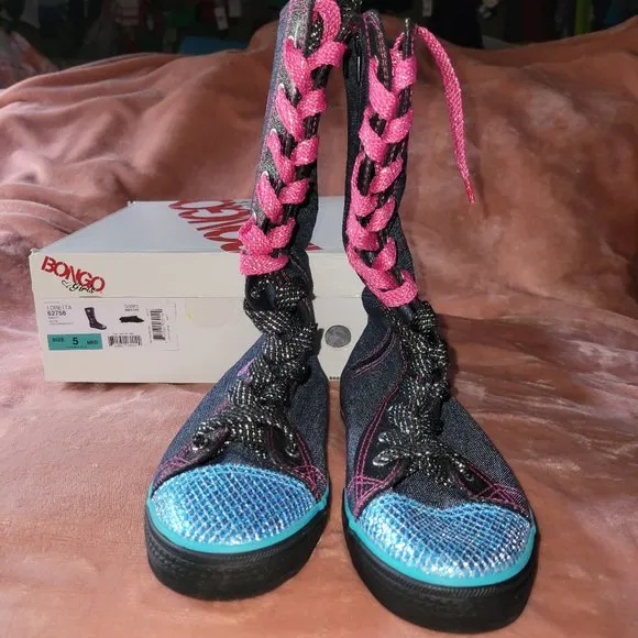Girls Size 5 Bongo Blue Glitter Denim Peace &amp; Love Knee High Tops Sneakers NWT