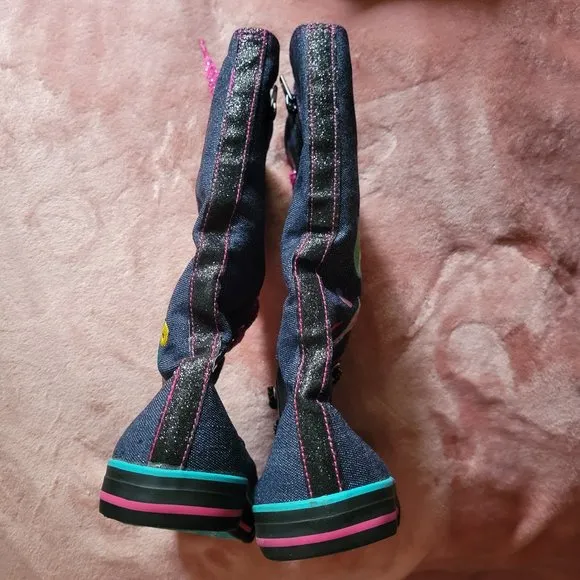 Girls Size 5 Bongo Blue Glitter Denim Peace &amp; Love Knee High Tops Sneakers NWT