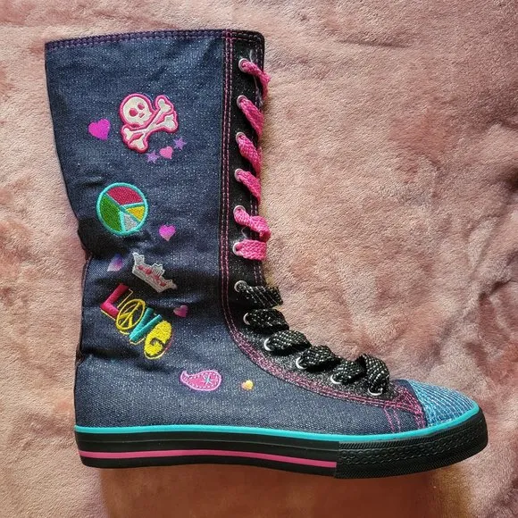 Girls Size 5 Bongo Blue Glitter Denim Peace &amp; Love Knee High Tops Sneakers NWT