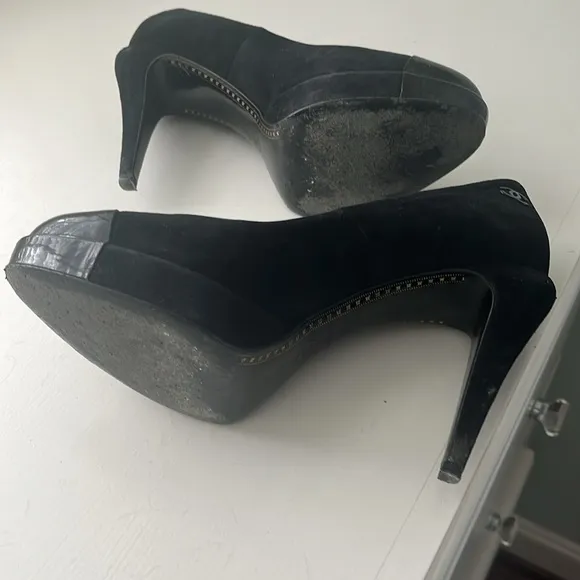 Gorgeous platform Chanel shoes.  Black suede with patent leather tips.