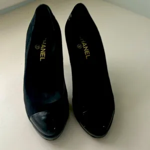 Gorgeous platform Chanel shoes.  Black suede with patent leather tips.