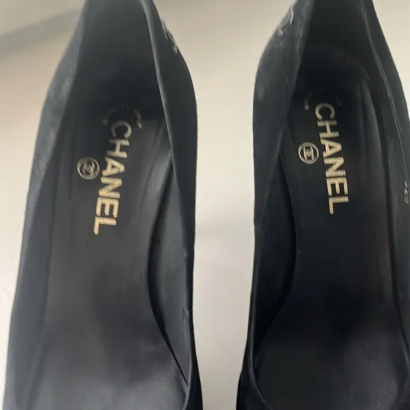 Gorgeous platform Chanel shoes.  Black suede with patent leather tips.