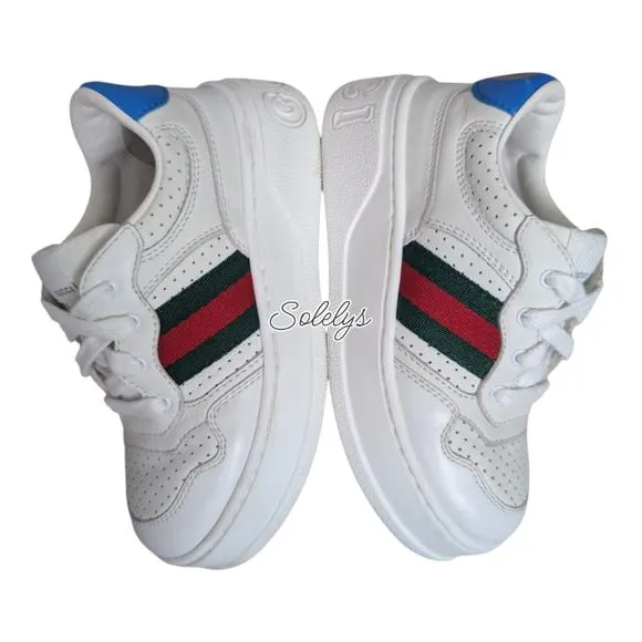Gucci Kids Chunky GG Logo Leather Web White Blue Sneaker Toddler EU 25 US 9