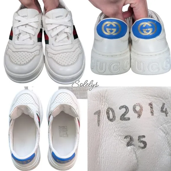 Gucci Kids Chunky GG Logo Leather Web White Blue Sneaker Toddler EU 25 US 9