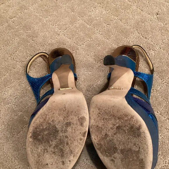 Gucci Metallic Blue Python Embossed Leather Slingback Platform Sandals Size 36