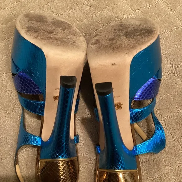 Gucci Metallic Blue Python Embossed Leather Slingback Platform Sandals Size 36