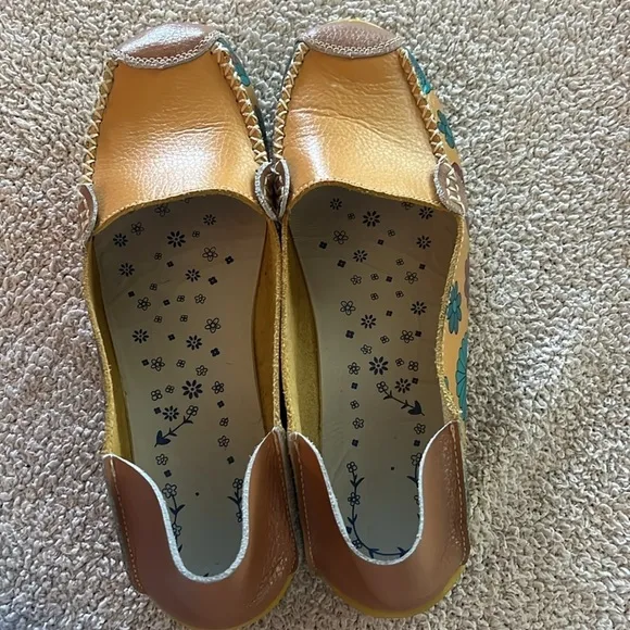 Handmade Size 10 Funky Floral Print Leather Slip On Shoes