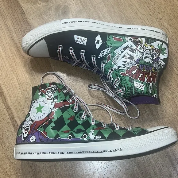 Harley‎ Quinn Jokers Wild Converse All Star Hi Tops Unisex Shoes Sz Mens 9 Wo 11