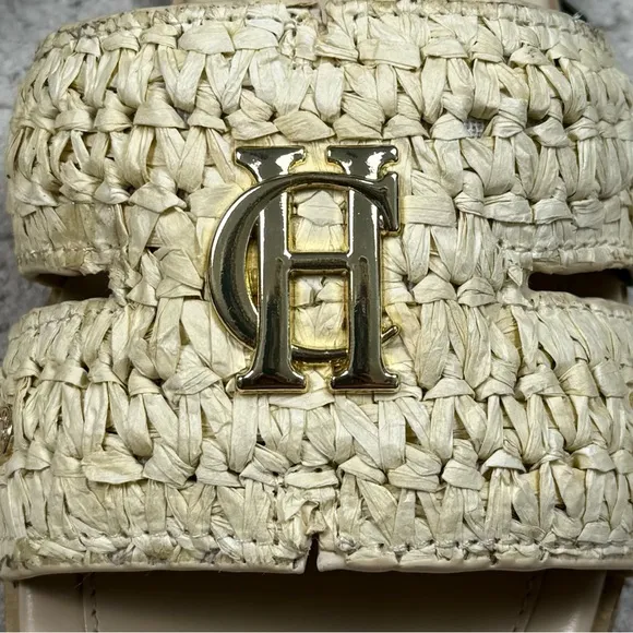 Holland Cooper Monogram Logo Slides Natural Straw Sandals