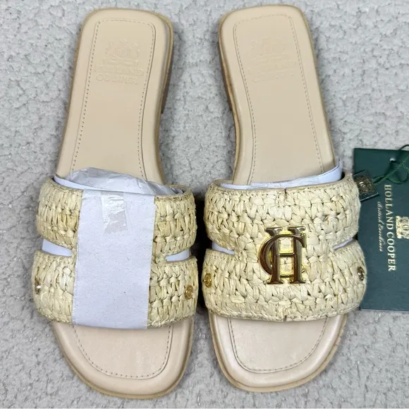 Holland Cooper Monogram Logo Slides Natural Straw Sandals
