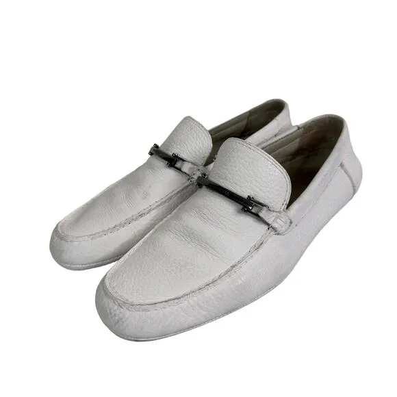 Hugo Boss Driving Loafer Shoes Men's White Pebbled Leather Square Toe Size 7