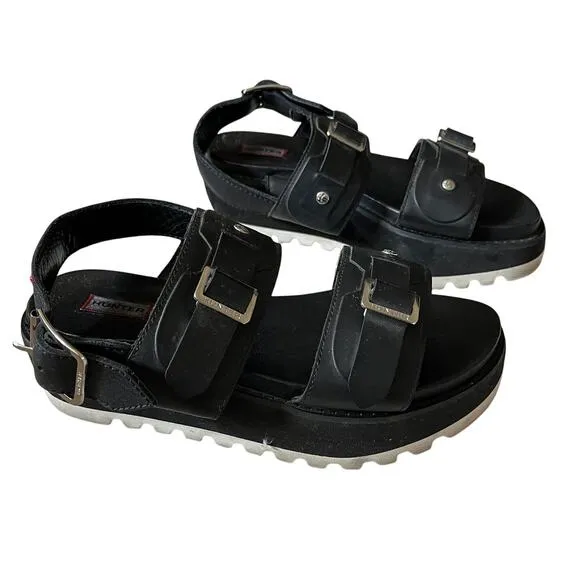 Hunter Original Double Buckle Chunky Platform Leather Sandals Black Size 7