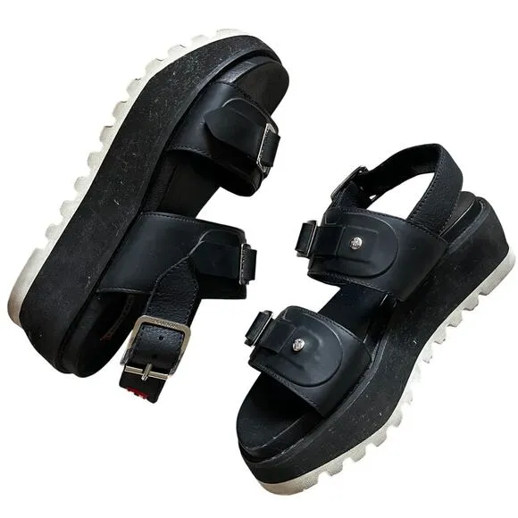 Hunter Original Double Buckle Chunky Platform Leather Sandals Black Size 7
