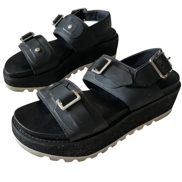Hunter Original Double Buckle Chunky Platform Leather Sandals Black Size 7