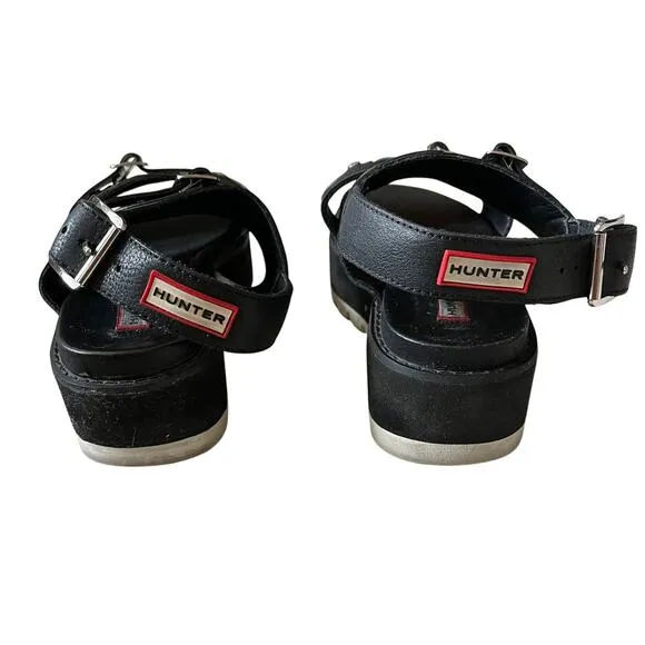 Hunter Original Double Buckle Chunky Platform Leather Sandals Black Size 7
