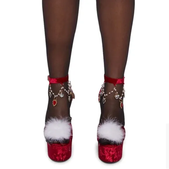 ISO: Dolls Kill Ruby Holy Revelation Red &amp; White Fur Balls Platform Heels Pumps