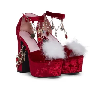 ISO: Dolls Kill Ruby Holy Revelation Red &amp; White Fur Balls Platform Heels Pumps