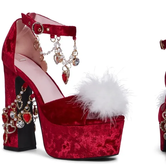ISO: Dolls Kill Ruby Holy Revelation Red &amp; White Fur Balls Platform Heels Pumps