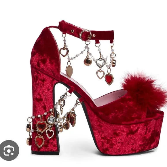 ISO: Dolls Kill Ruby Holy Revelation Red &amp; White Fur Balls Platform Heels Pumps