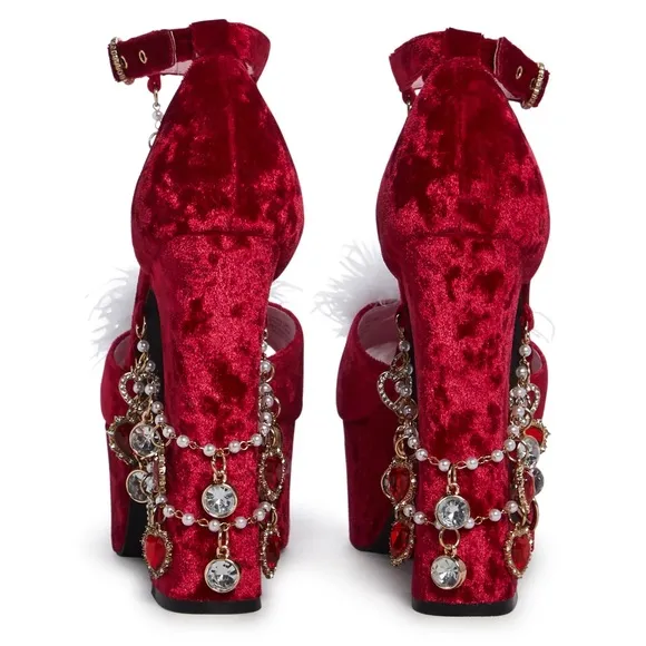 ISO: Dolls Kill Ruby Holy Revelation Red &amp; White Fur Balls Platform Heels Pumps