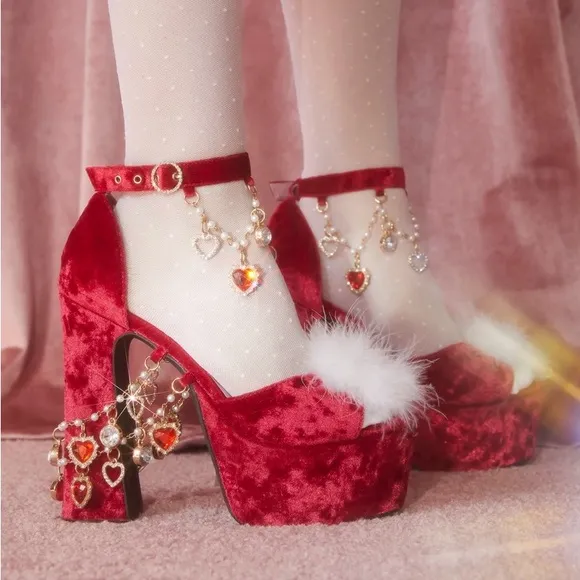 ISO: Dolls Kill Ruby Holy Revelation Red &amp; White Fur Balls Platform Heels Pumps