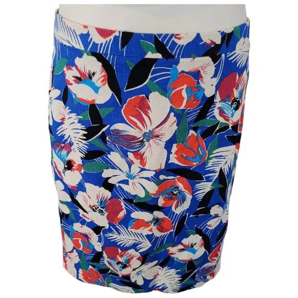 J Crew Basketweave Pencil Skirt Bright Blue Tropical Print Cotton Skirt Size 8