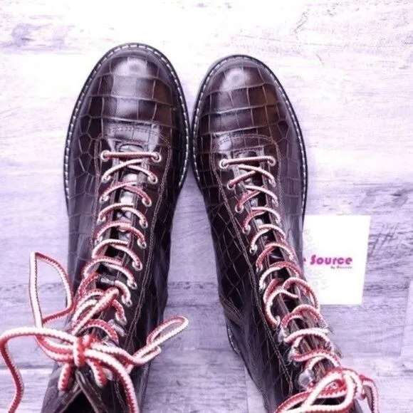 J. Crew Croc Embossed Leather Lace Up Combat Boot Brown Red White Women's sz 8.5