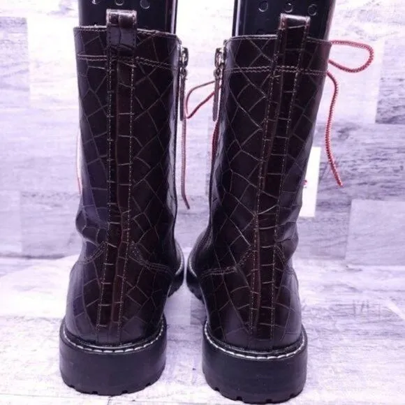 J. Crew Croc Embossed Leather Lace Up Combat Boot Brown Red White Women's sz 8.5