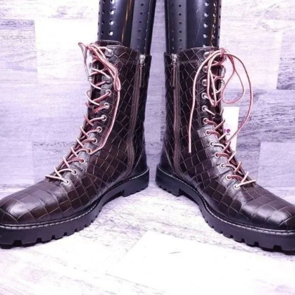 J. Crew Croc Embossed Leather Lace Up Combat Boot Brown Red White Women's sz 8.5
