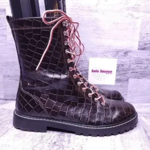 J. Crew Croc Embossed Leather Lace Up Combat Boot Brown Red White Women's sz 8.5