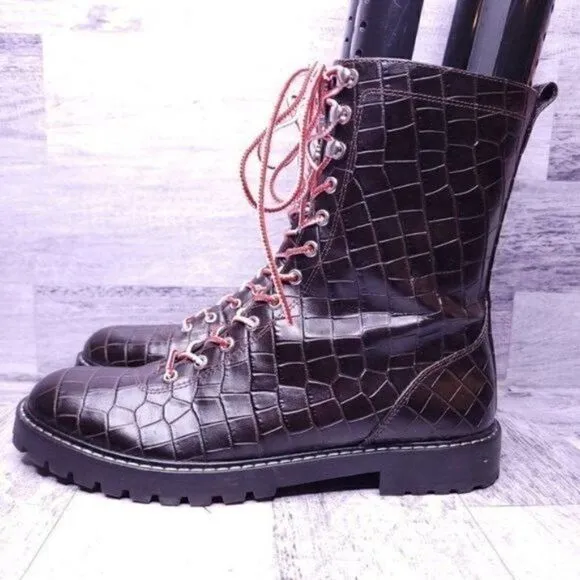 J. Crew Croc Embossed Leather Lace Up Combat Boot Brown Red White Women's sz 8.5