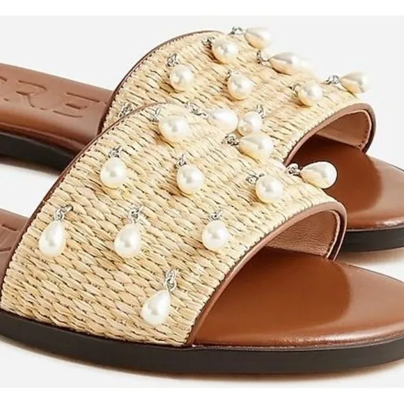 J. Crew Georgina woven faux raffia sandals with pearls 7.5 NWOB