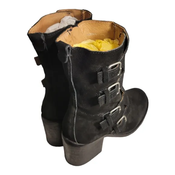 J. Litvack Women’s Size: US 8/EU 39 Black Suede Four Buckle Stacked Heel Moto