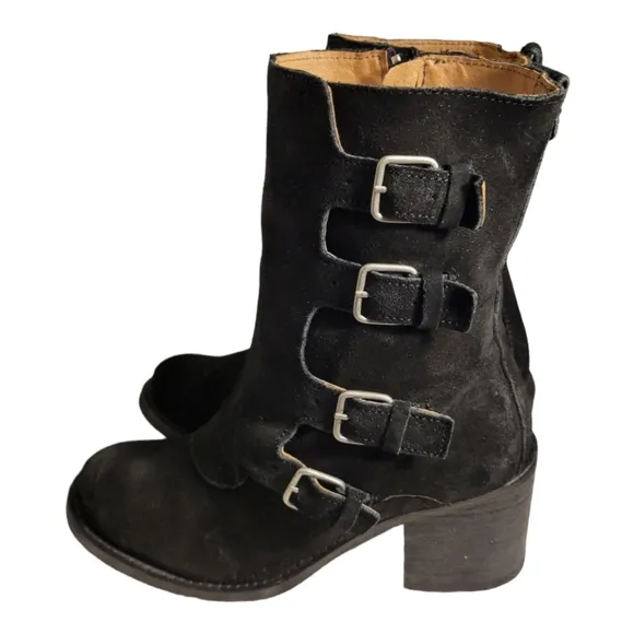 J. Litvack Women’s Size: US 8/EU 39 Black Suede Four Buckle Stacked Heel Moto