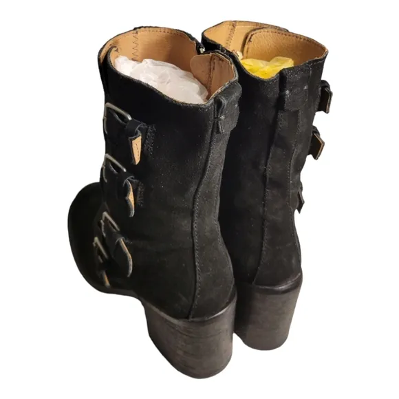J. Litvack Women’s Size: US 8/EU 39 Black Suede Four Buckle Stacked Heel Moto