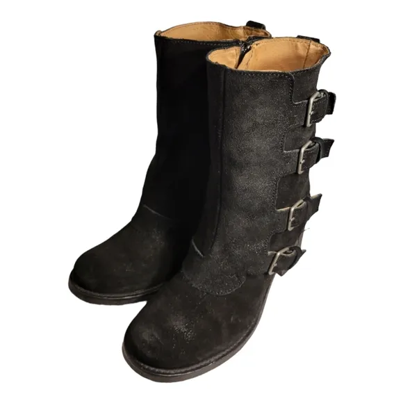 J. Litvack Women’s Size: US 8/EU 39 Black Suede Four Buckle Stacked Heel Moto